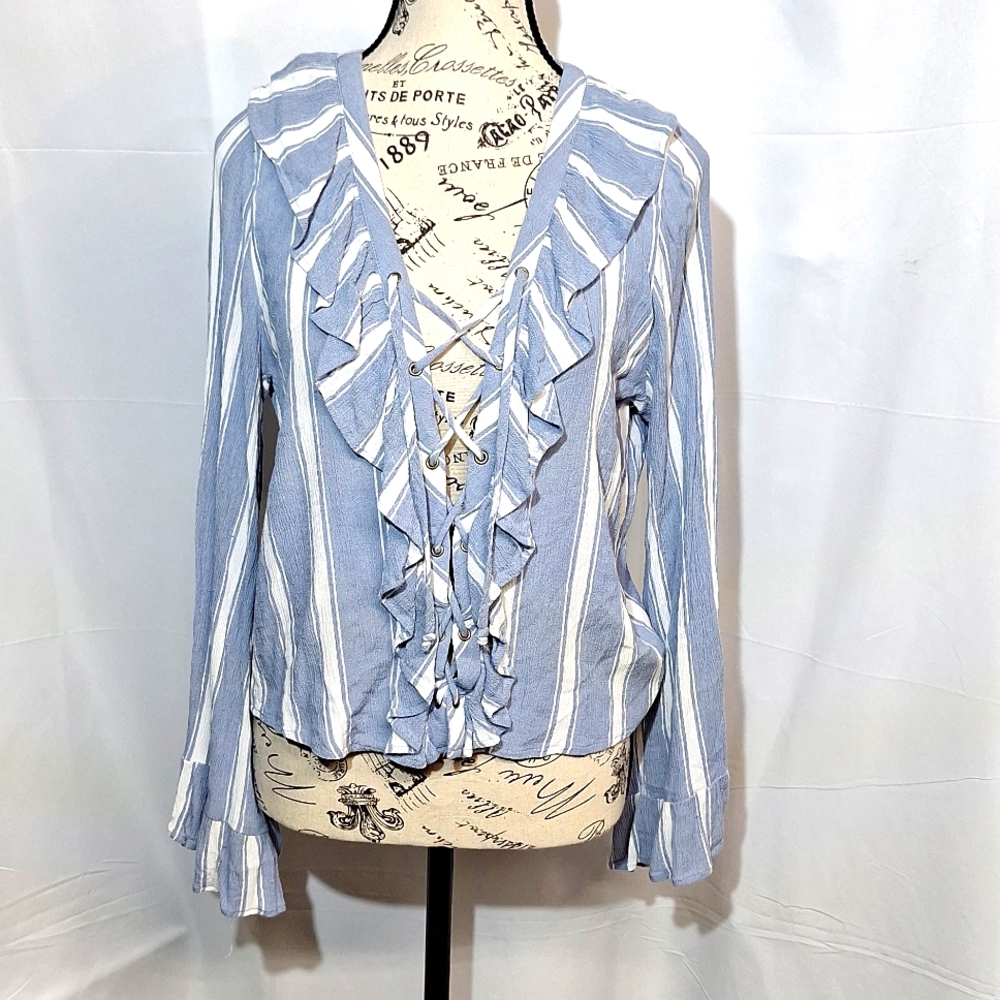 American Eagle Outfitters Blue and White Striped Ruffle Lace-Up Blouse